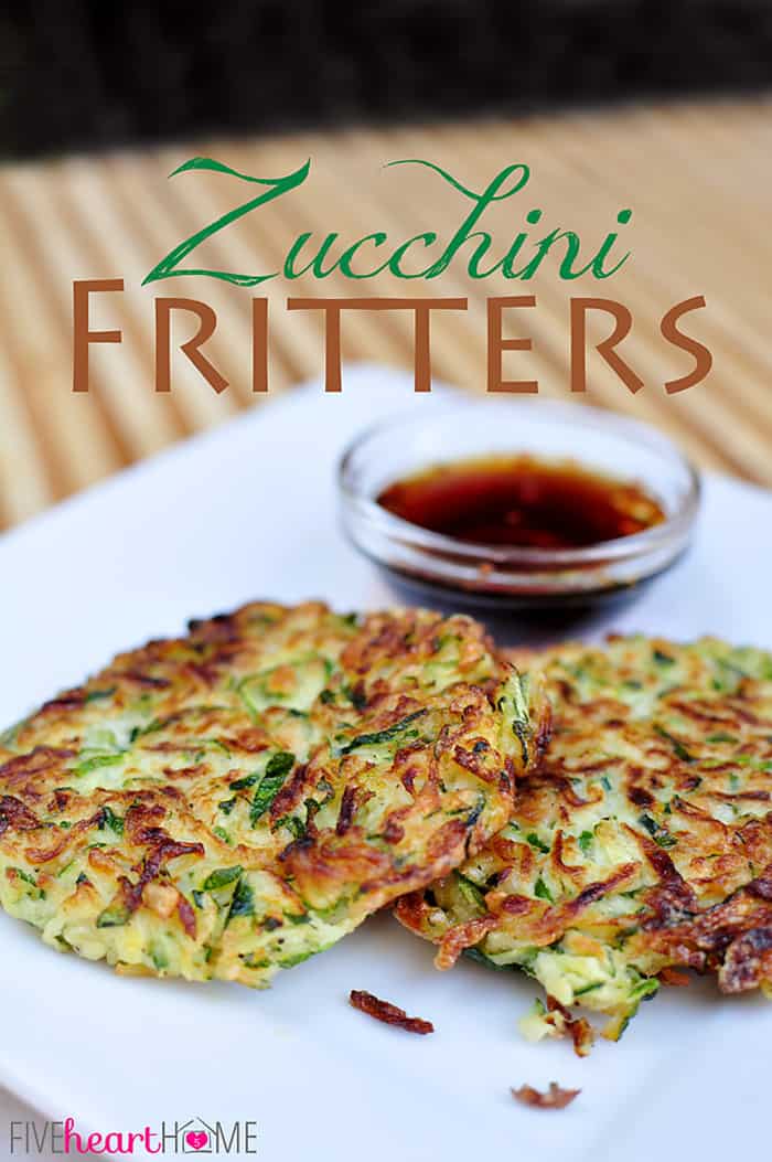 Zucchini Fritters and Asian Dipping Sauce with text overlay