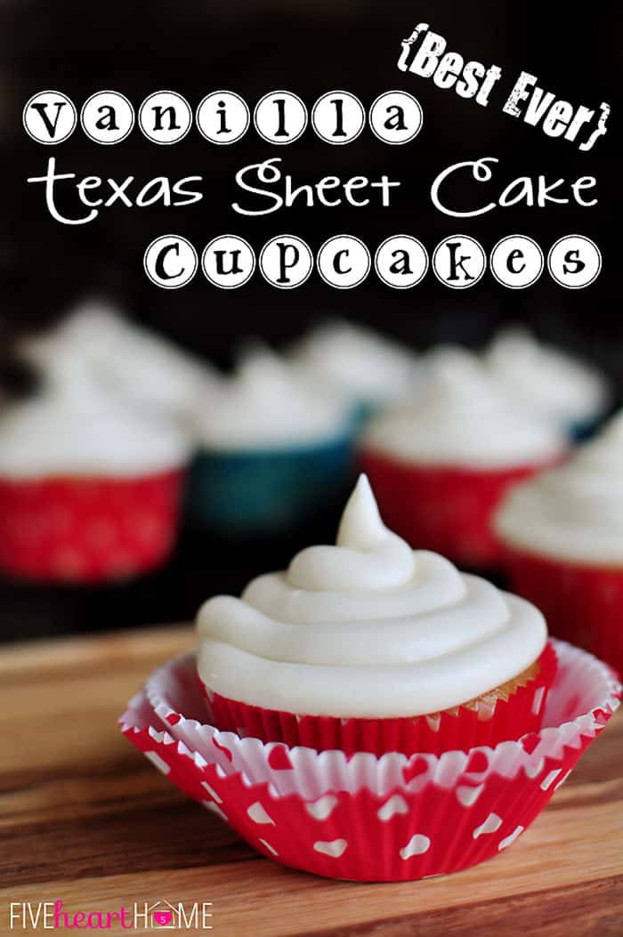 Vanilla Texas Sheet Cake Cupcakes with text overlay.