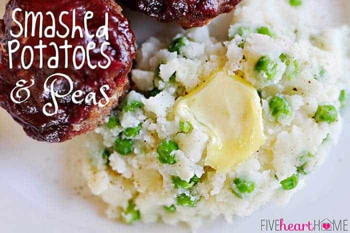 Smashed Potatoes and Peas ~ standard mashed potatoes get a pop of color and flavor from frozen peas | {Five Heart Home}