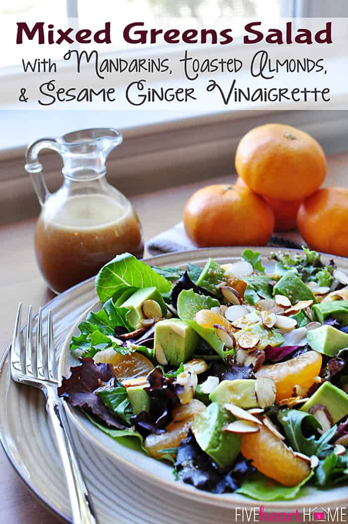 Mixed Greens Salad with Sesame Ginger Vinaigrette, with text overlay.