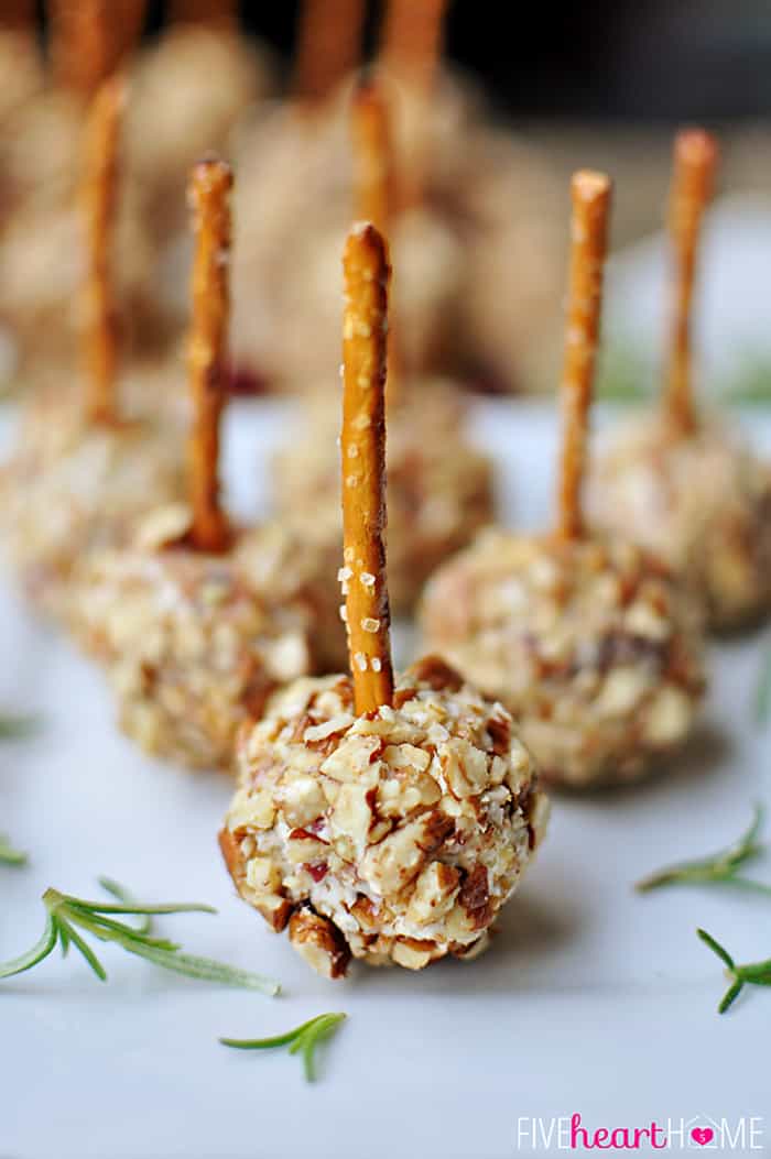 Mini Cheese Ball Bites ~ easy appetizers featuring dried cranberries, blue cheese, toasted pecans, and pretzel skewers | {Five Heart Home}