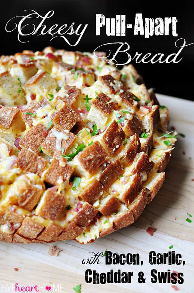 Cheesy Pull-Apart Bread with Bacon, Garlic, Cheddar and Swiss, with text overlay.