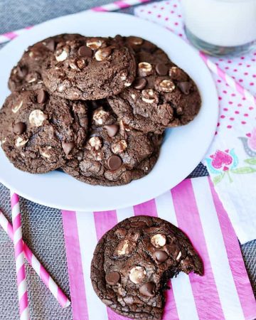Triple Chocolate Fudge Cookies ~ intense chocolate flavor with chewy, gooey centers and two types of chocolate chips | FiveHeartHome.com