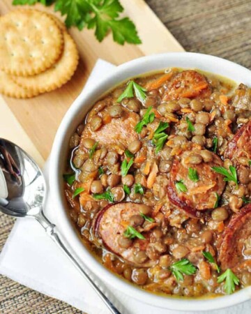 Slow Cooker German Lentil Soup with Sausage | {Five Heart Home}