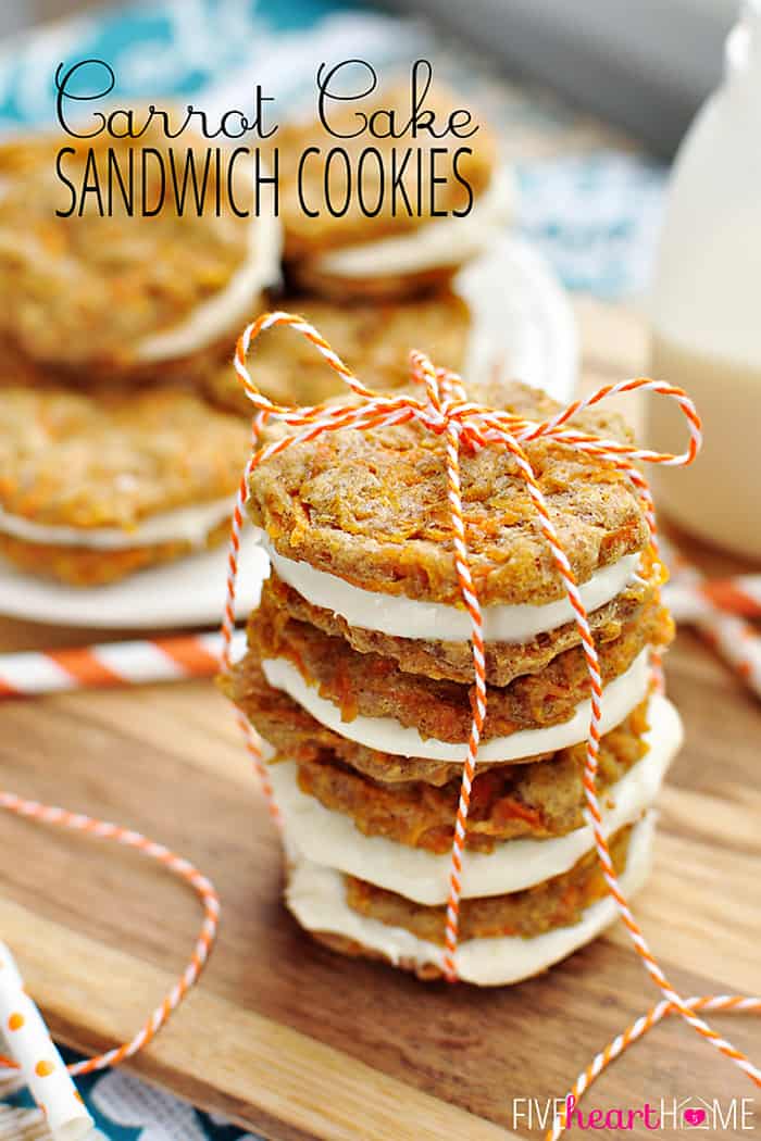 Carrot Cake Sandwich Cookies ~ mini carrot cake whoopie pies filled with cream cheese frosting make an easy, hand-held Easter dessert | FiveHeartHome.com