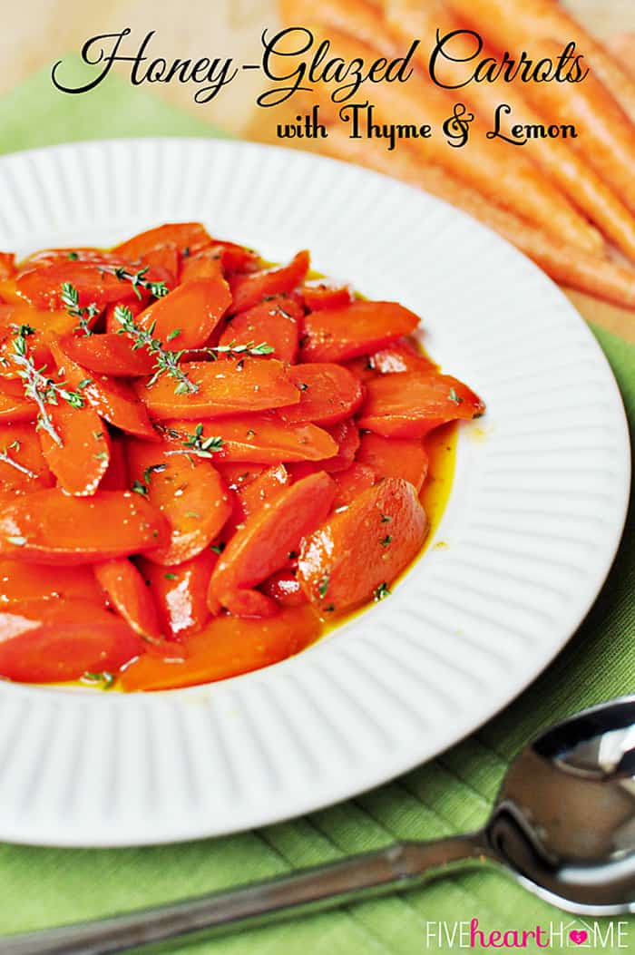 Honey-Glazed Carrots with Thyme and Lemon ~ a perfect spring side dish, and a gorgeous addition to your Easter menu! | FiveHeartHome.com