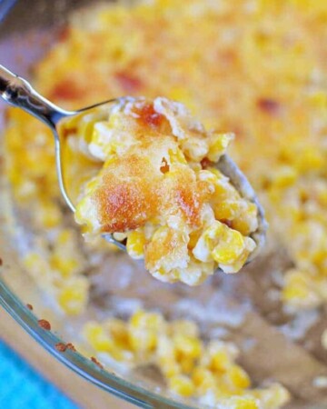 Easy Creamed Corn with Parmesan ~ creamy, decadent corn topped with Parmesan and baked until bubbly | FiveHeartHome.com