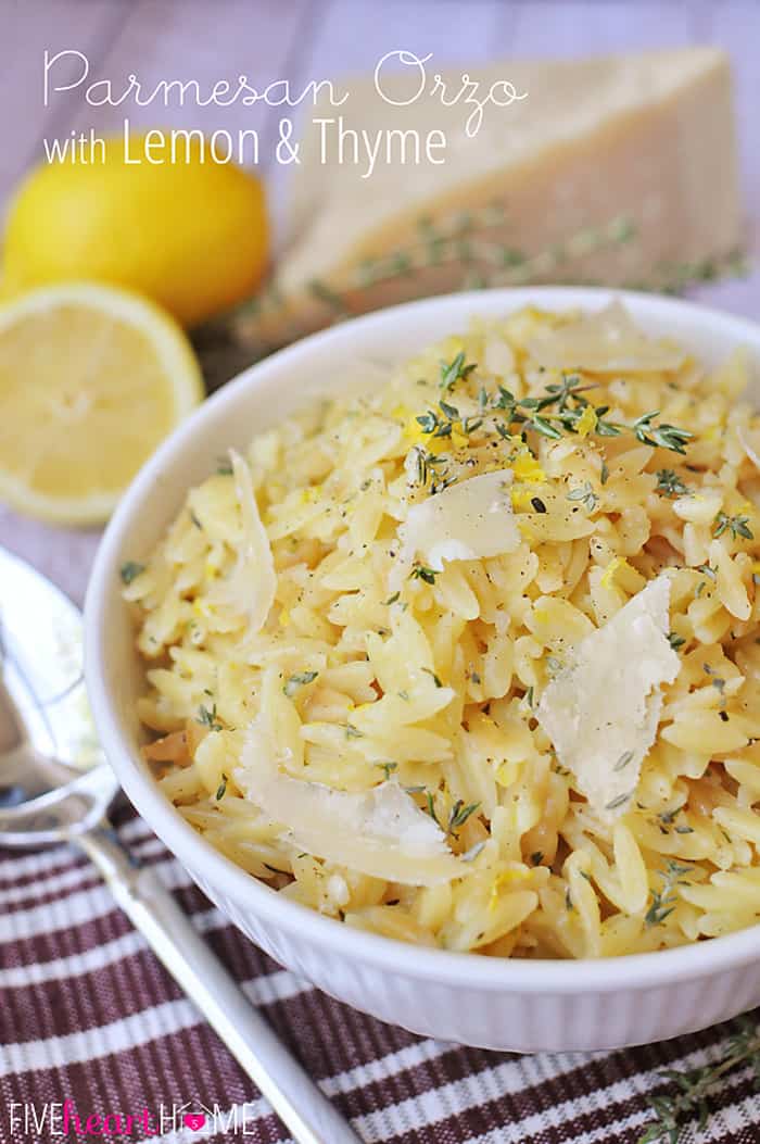 Parmesan Orzo with Lemon and Thyme ~ a perfect summer side dish! | FiveHeartHome.com