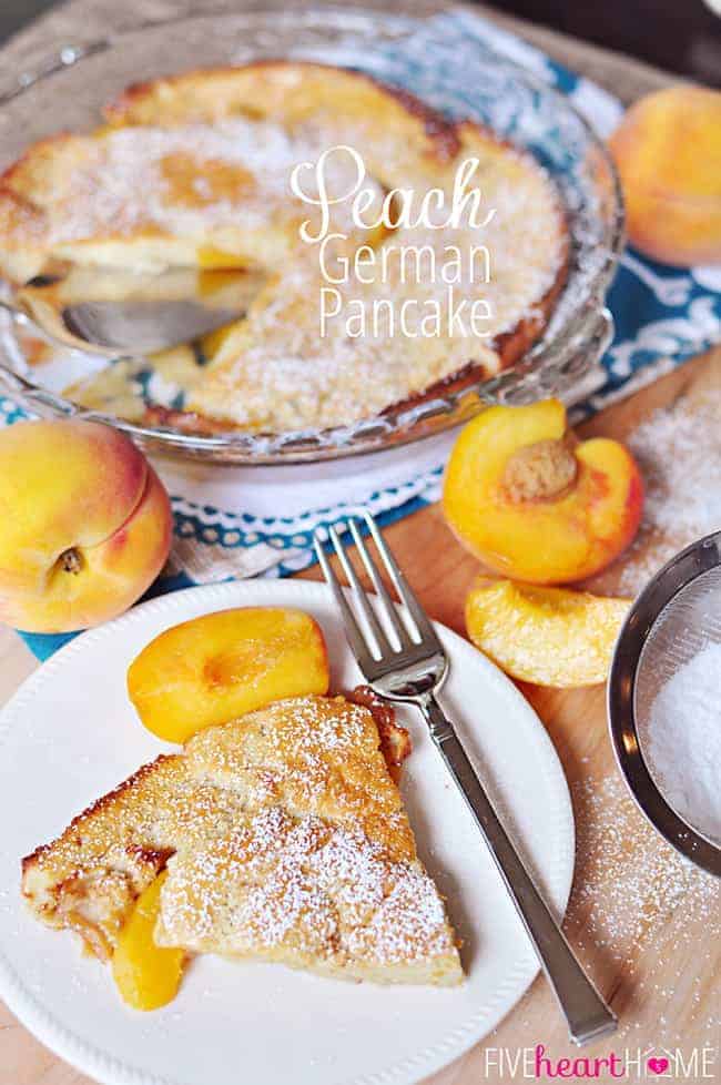 Peach German Pancake (Dutch Baby) with text overlay.