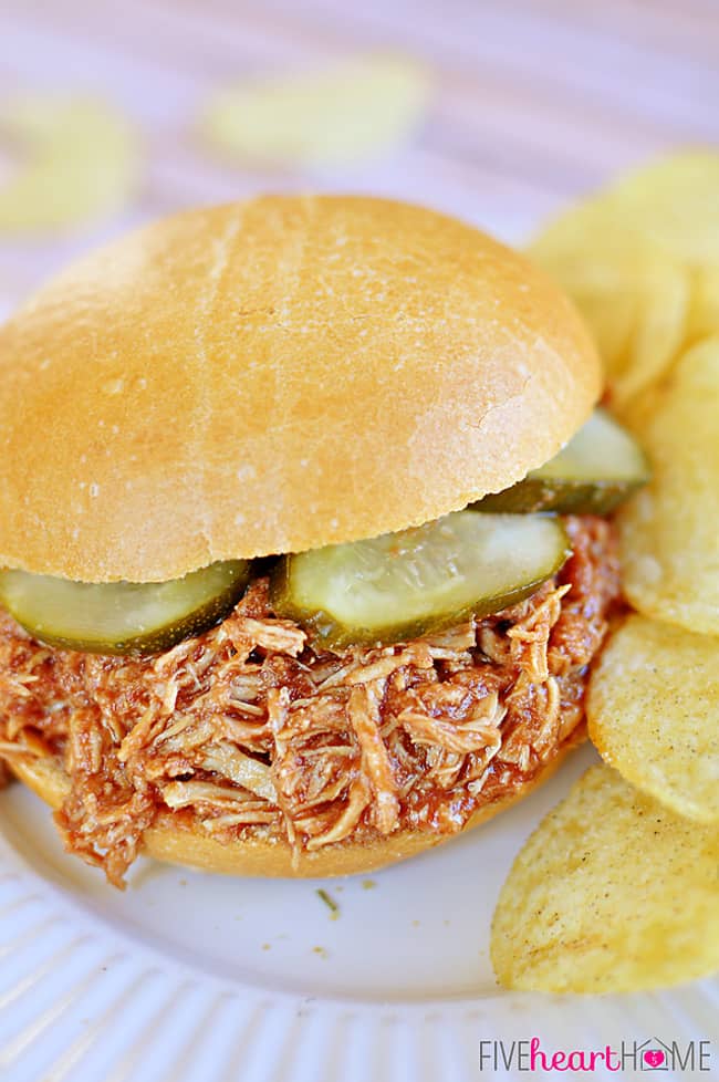 Close-up of sandwich with a side of chips on a white plate.
