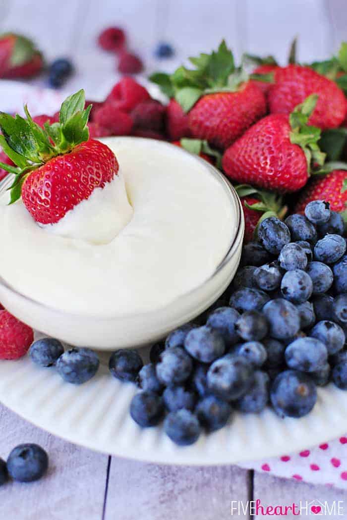 White Chocolate Cheesecake Fruit Dip ~ quick to make and quicker to disappear, this will become your new favorite fruit dip! | FiveHeartHome.com
