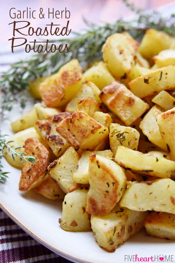 Garlic and Herb Roasted Potatoes with Text Overlay 