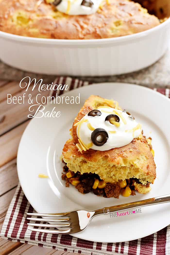Mexican Beef and Cornbread Bake ~ taco-seasoned beef, black beans, and corn are topped with green chile cheddar cornbread in this quick, easy meal | FiveHeartHome.com