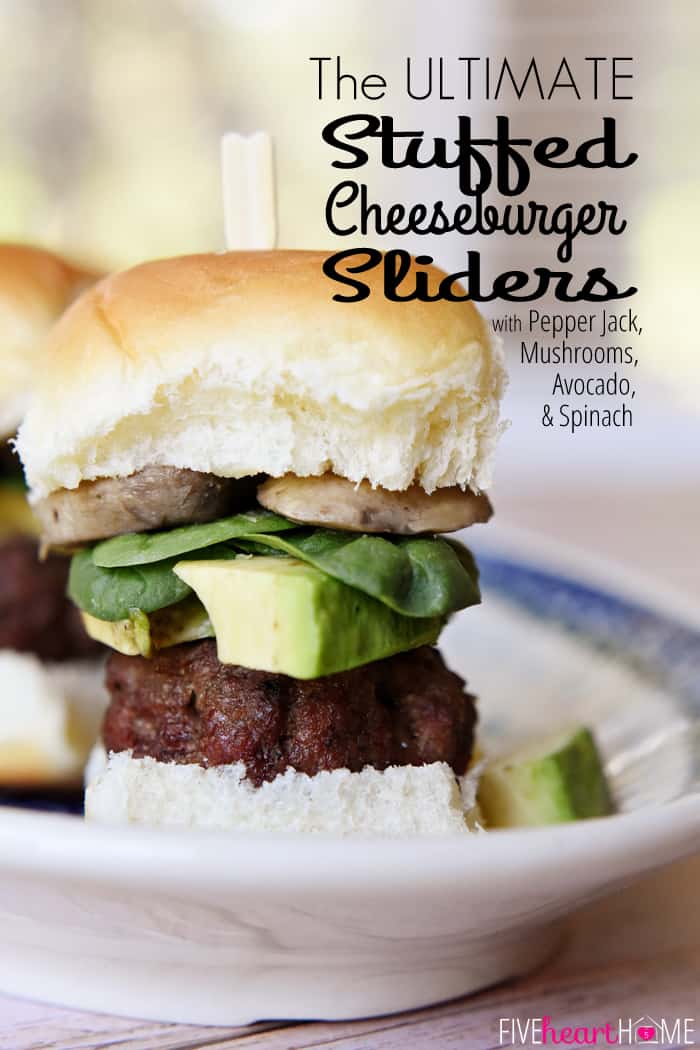 The ULTIMATE Cheeseburger Sliders ~ burger stuffed with pepper jack cheese and topped with mushrooms, avocado, and baby spinach on a Hawaiian roll | FiveHeartHome.com