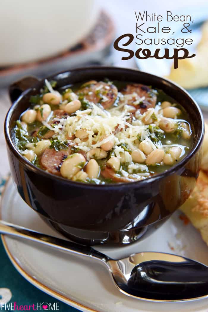 Sausage Kale White Bean Soup with text overlay.