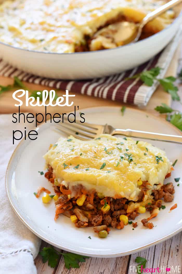 Skillet Shepherd's Pie ~ a one-pot dinner loaded with savory beef and colorful veggies, and the perfect recipe to use up those leftover mashed potatoes! | FiveHeartHome.com