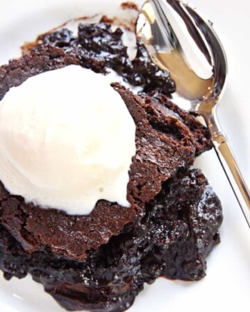 Warm Chocolate Cobbler ~ a layer of moist chocolate cake floats on a caramel-streaked, coffee-laced, pudding-like layer of chocolate decadence | FiveHeartHome.com