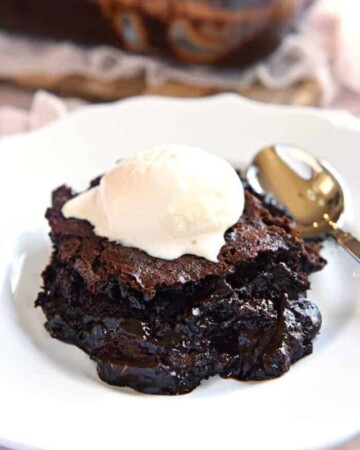 Warm Chocolate Cobbler ~ a layer of moist chocolate cake floats on a caramel-streaked, coffee-laced, pudding-like layer of chocolate decadence | FiveHeartHome.com