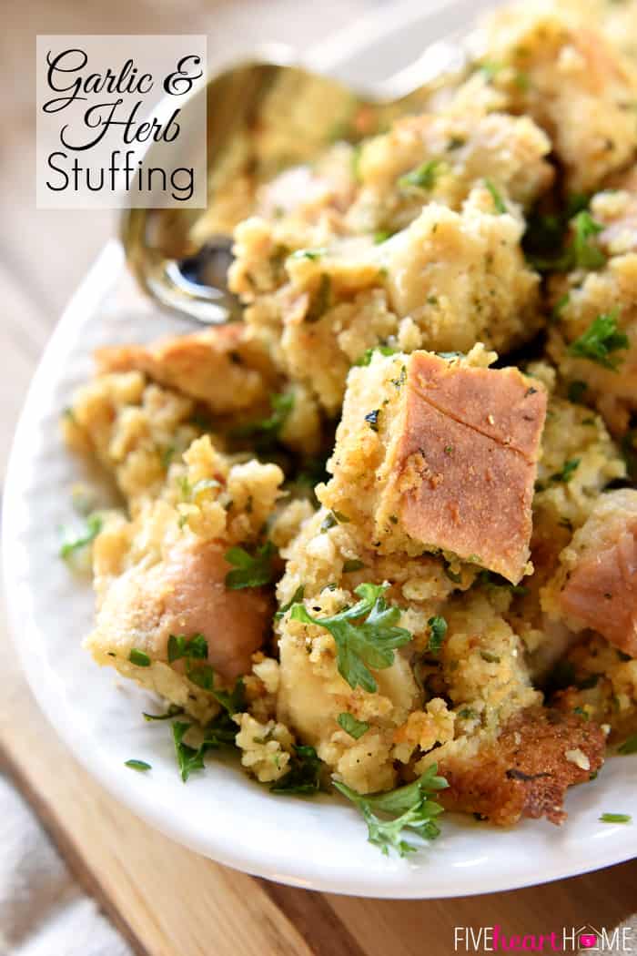 Garlic and Herb Stuffing with text overlay. 