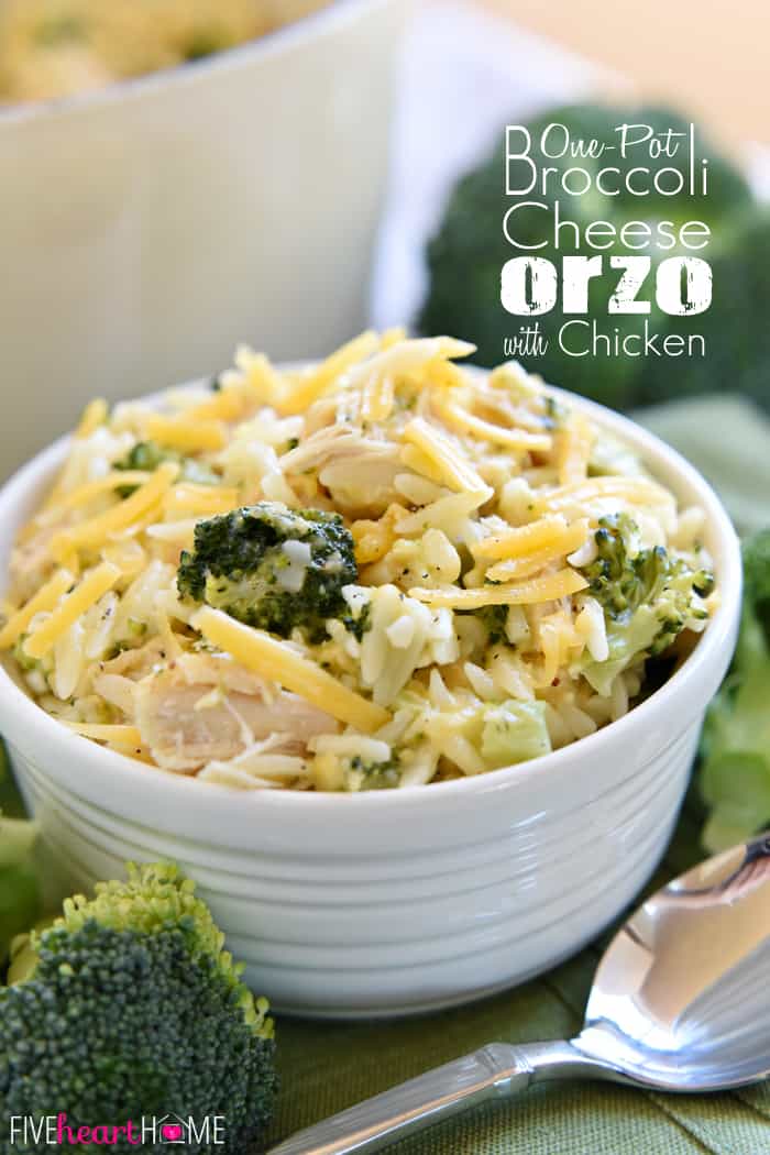 Broccoli Cheese Orzo with Chicken with Text Collage 