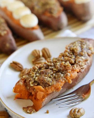 Twice-Baked Sweet Potatoes ~ the perfect Thanksgiving side dish, featuring a smooth, creamy filling and topped with toasty marshmallows or crunchy pecan streusel | FiveHeartHome.com