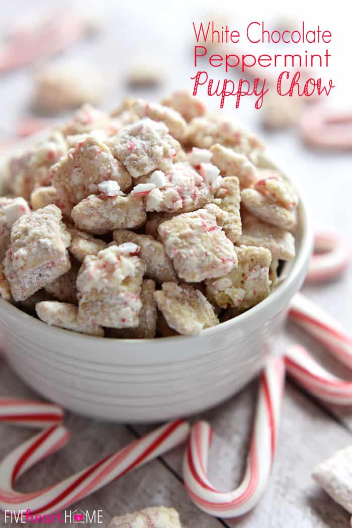 Christmas Puppy Chow, or White Chocolate Peppermint Puppy Chow, with text overlay.