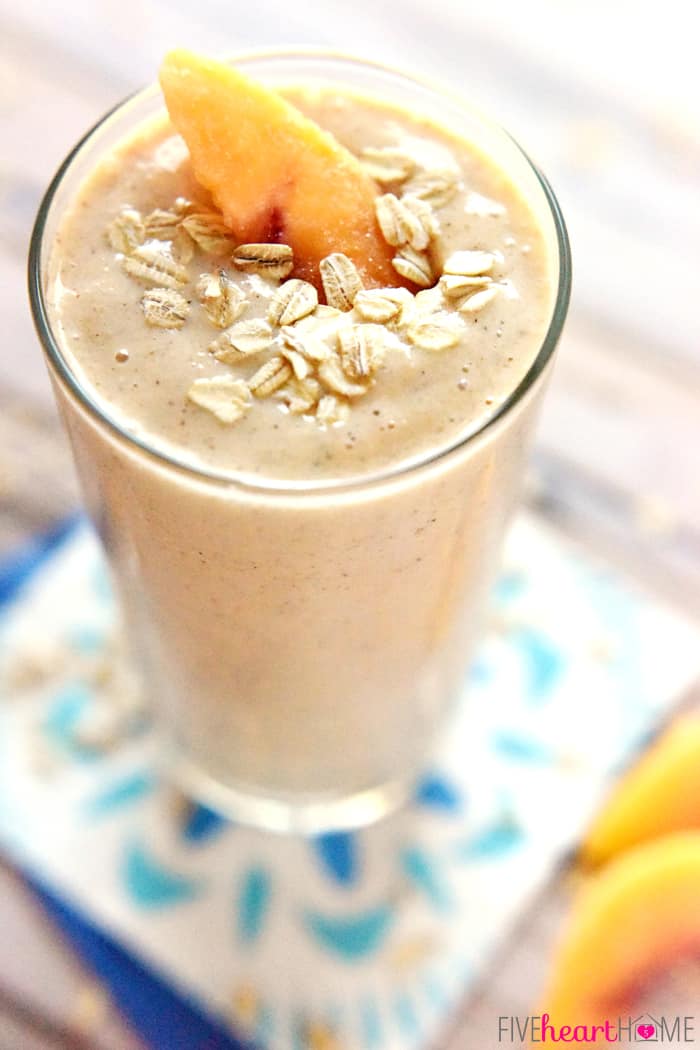 Close-up of peach Oatmeal Smoothie.