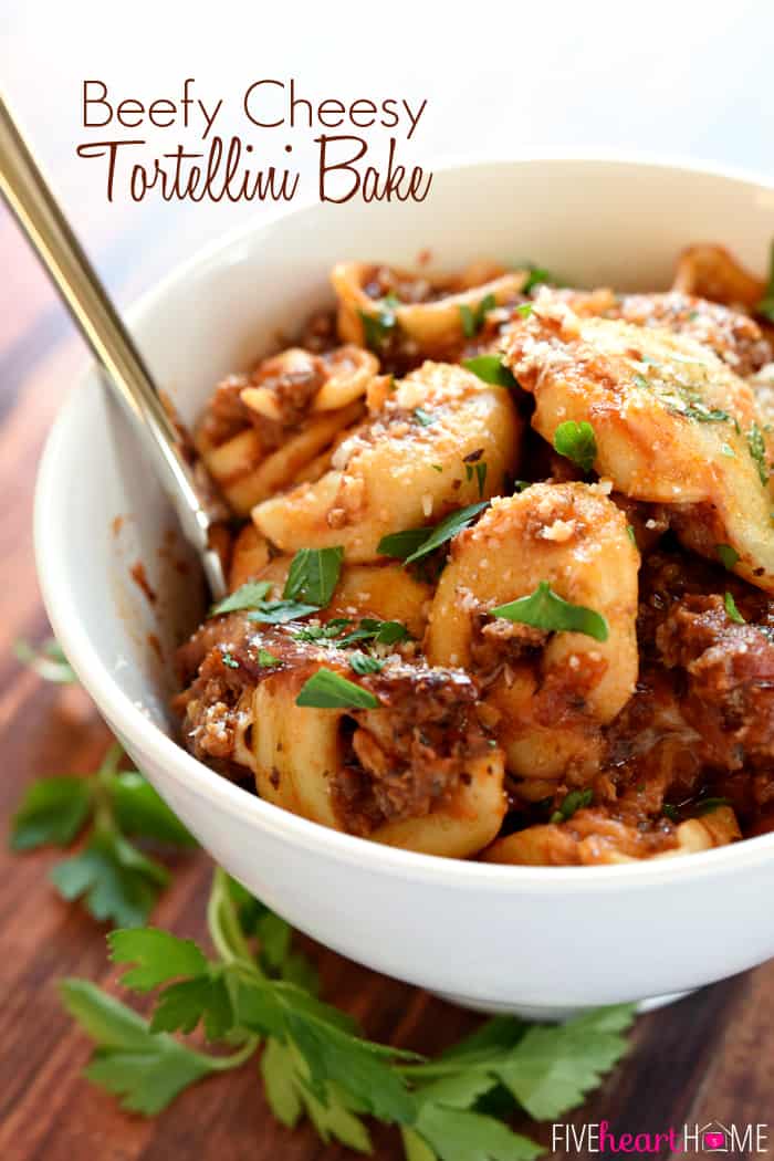 Beefy Cheesy Tortellini Bake ~ loaded with tortellini, marinara sauce, and mozzarella cheese, this effortless pasta dinner is one that the whole family will love! | FiveHeartHome.com