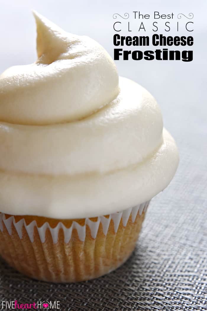 Cream Cheese Frosting on a cupcake with text overlay.