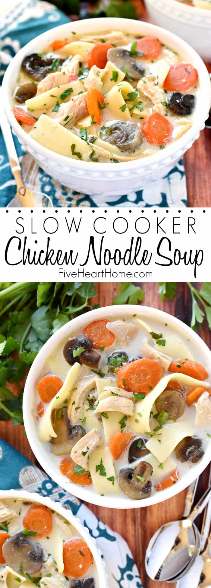 The BEST Slow Cooker Chicken Noodle Soup Collage with Text Overlay 