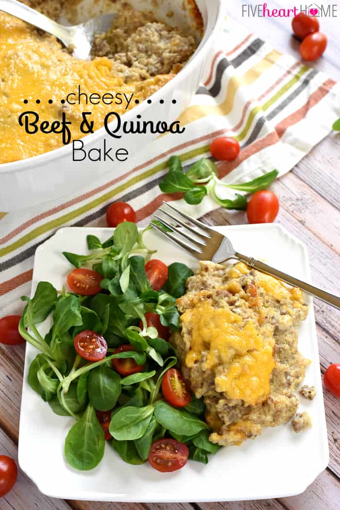 Cheesy Beef & Quinoa Bake ~ a simple, wholesome, easy-to-make casserole featuring just a handful of ingredients including ground beef, quinoa, Greek yogurt, and cheddar...perfect for picky eaters and busy weeknights! | FiveHeartHome.com