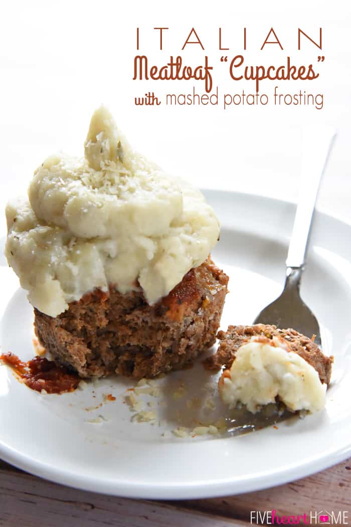 Italian Meatloaf "Cupcakes" with Mashed Potato Frosting ~ savory meatloaf is flavored with Parmesan, Italian herbs, and marinara sauce, baked in a muffin pan, and then topped with seasoned mashed potatoes in these easy-to-make, fun-to-eat, mini meatloaves | FiveHeartHome.com