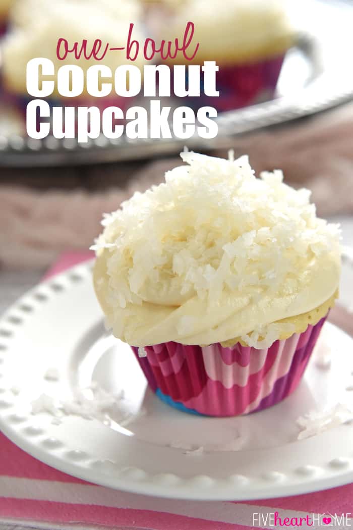 One-Bowl Coconut Cupcakes with text overlay. 