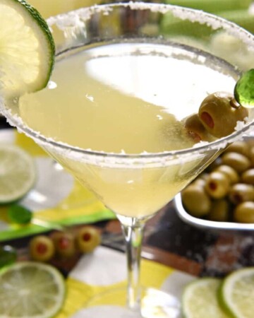 Mexican Martini ~ like a margarita on the rocks with a splash of olive juice, this Mexican Martini is a copycat recipe of the famous cocktail from Trudy's in Austin | FiveHeartHome.com