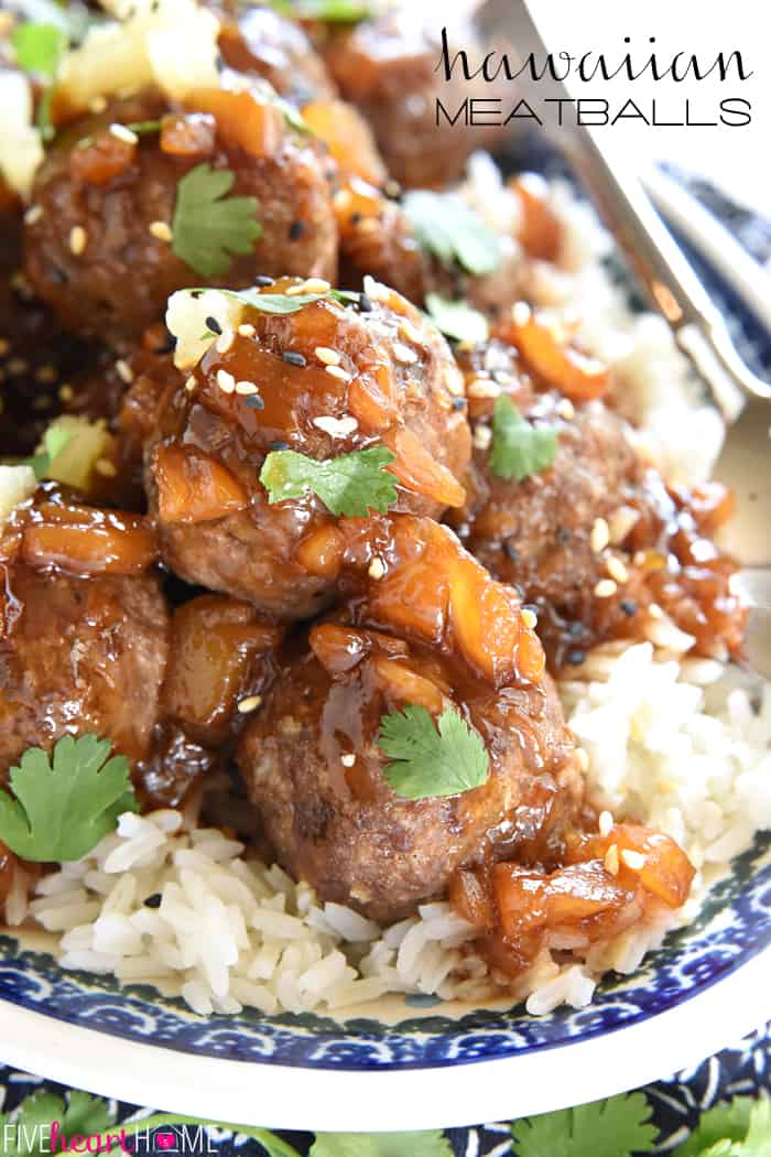 Hawaiian Meatballs ~ juicy homemade meatballs are smothered with a sweet and sticky, Polynesian pineapple sauce in this quick and easy dinner recipe | FiveHeartHome.com