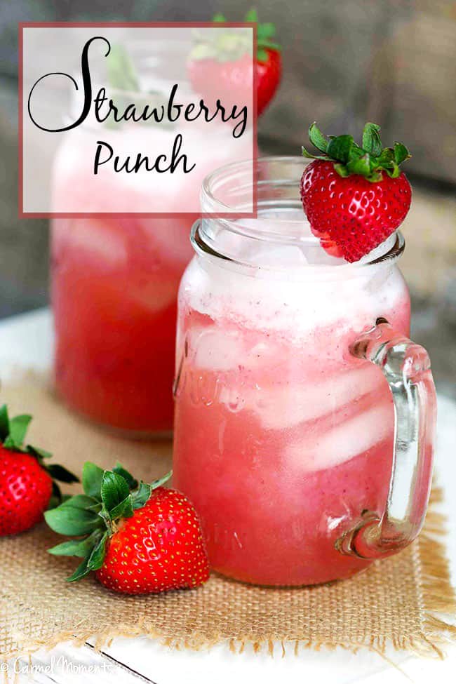 Strawberry Punch in glass mugs with text overlay