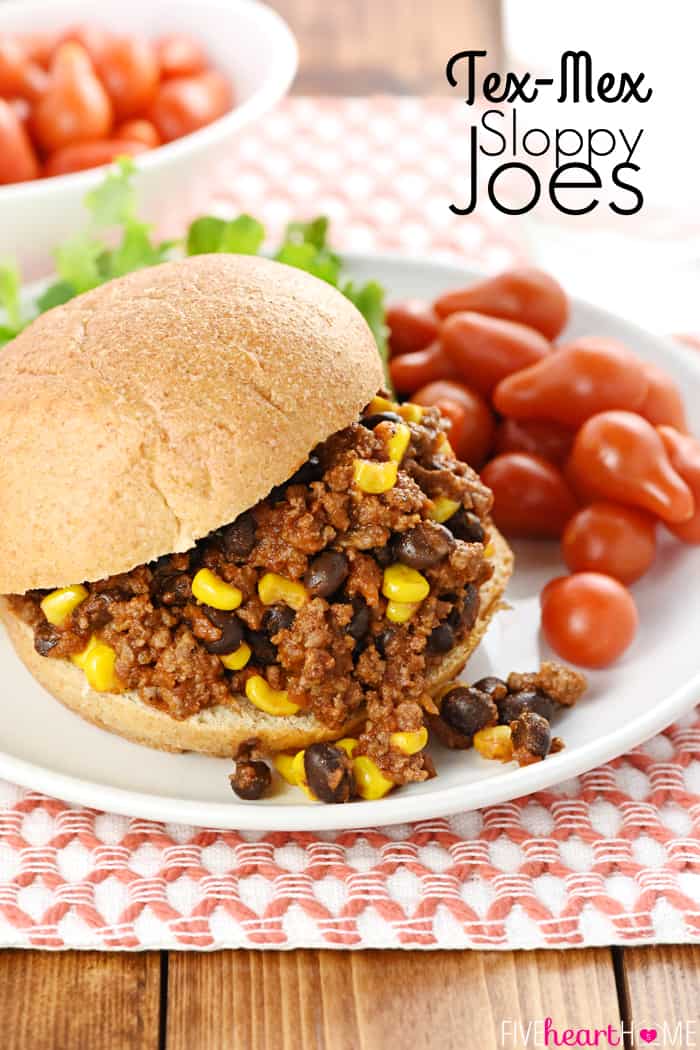 Tex-Mex Sloppy Joes ~ this zesty twist on classic sloppy joes is jazzed up with salsa, taco seasoning, black beans, and corn! | FiveHeartHome.com