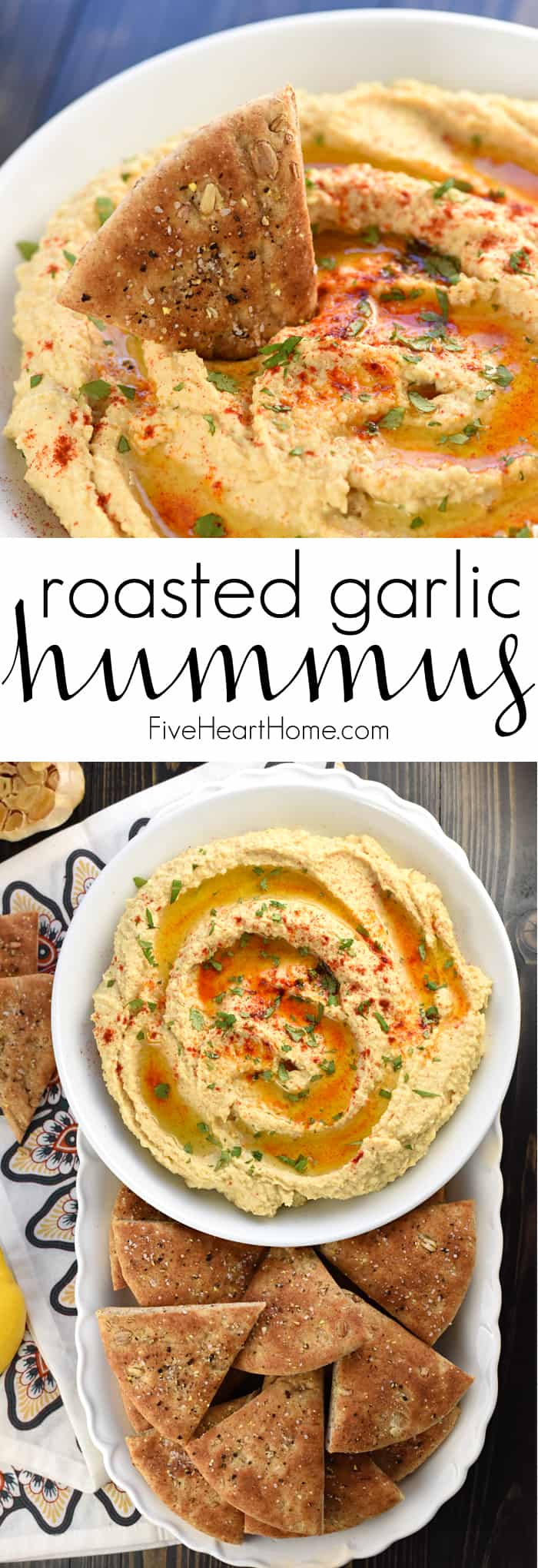 Roasted Garlic Hummus, two-photo collage with text.