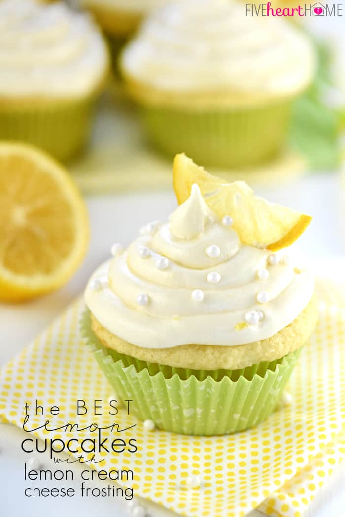 The BEST Lemon Cupcakes ~ start with a simple one-bowl batter and end with a soaking of lemon simple syrup and a topping of fluffy Lemon Cream Cheese Frosting for luscious, lemony, perfectly moist treats! | FiveHeartHome.com