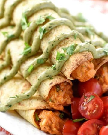 Baked Chicken Taquitos with Avocado Cilantro Dipping Sauce ~ quick and easy, creamy, zesty taquitos are guaranteed to be a hit with kids and adults alike! | FiveHeartHome.com