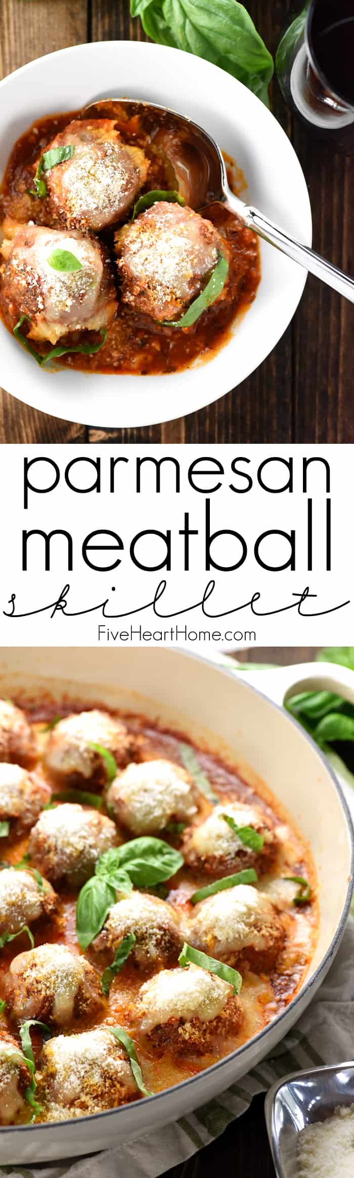 Parmesan Meatballs, two-photo collage with text.