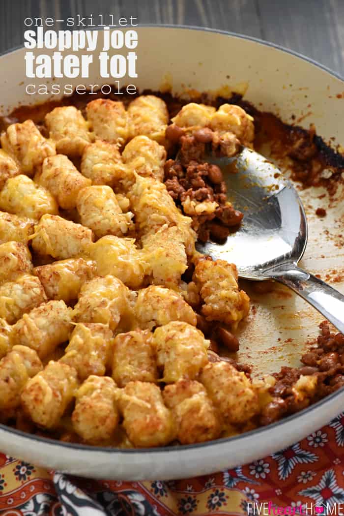 One-Skillet Sloppy Joe Tater Tot Casserole ~ a quick, easy, family-pleasing weeknight dinner recipe that's made in just one pan! | FiveHeartHome.com
