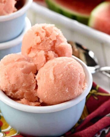 2-Ingredient Watermelon Sherbet ~ a light, refreshing frozen treat that comes together with just fruit and yogurt, making it the perfect healthy snack or dessert all summer long! | FiveHeartHome.com