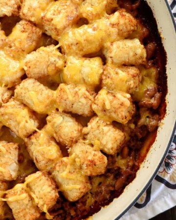 One-Skillet Sloppy Joe Tater Tot Casserole ~ a quick, easy, family-pleasing weeknight dinner recipe that's made in just one pan! | FiveHeartHome.com