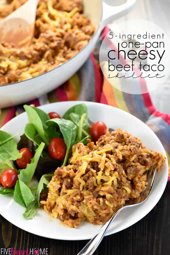 One-Pan Cheesy Beef Taco Skillet {Homemade Hamburger Helper} ~ a quick and easy dinner recipe made with five real, all-natural ingredients! | FiveHeartHome.com