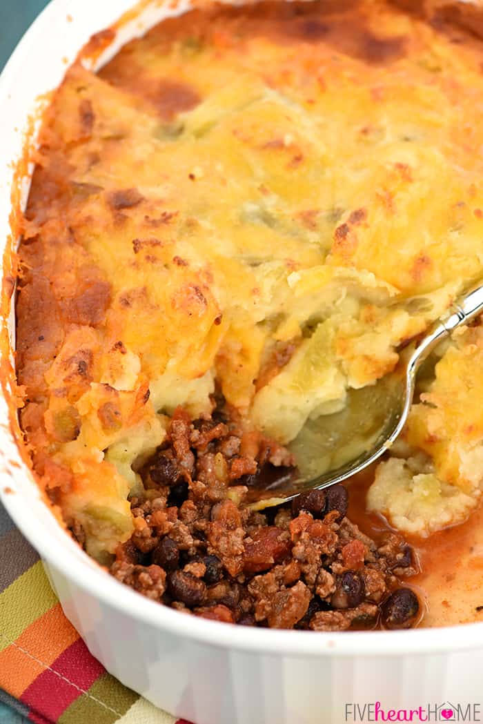 Close-up of serving spoon scooping up Taco Shepherd's Pie.