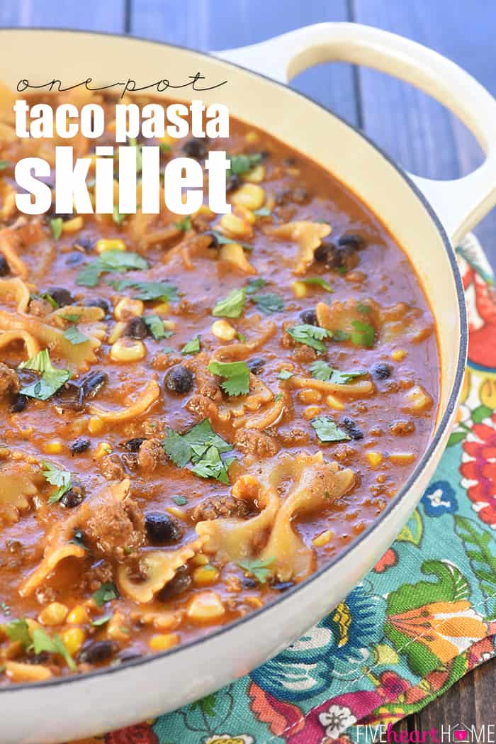 One-Pot Taco Pasta Skillet ~ loaded with ground beef and pasta, flavored with taco seasoning and salsa, and studded with black beans and corn, this easy, cheesy dinner recipe quickly comes together in just one pot! | FiveHeartHome.com