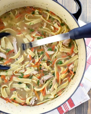 Aerial view of Easy Chicken Noodle Soup in pot.