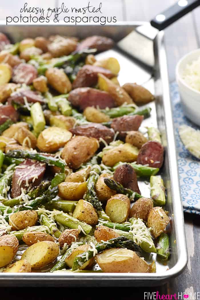 Cheesy Garlic Roasted Potatoes & Asparagus ~ an easy, one-pan, spring side dish recipe that makes a gorgeous, delicious addition to a special Easter meal or a regular weeknight dinner! | FiveHeartHome.com
