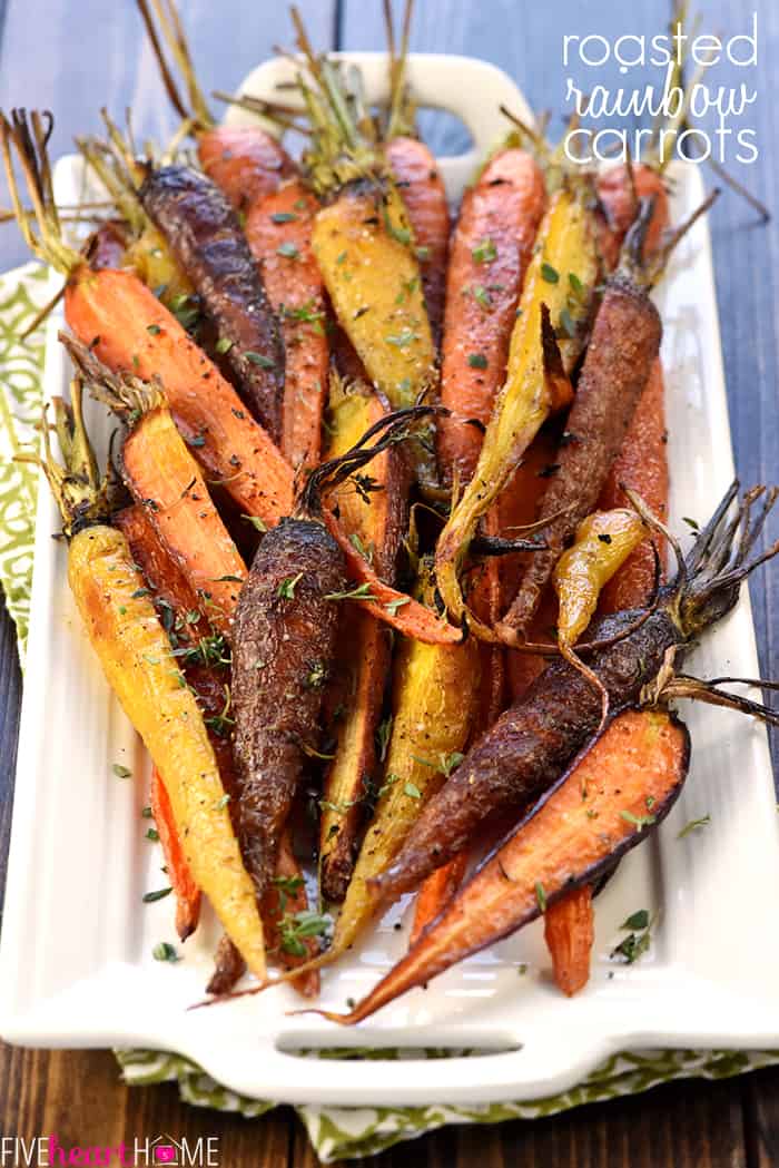 Roasted Rainbow Carrots with Thyme ~ tender and flavorful carrots make a rustic yet vibrant spring or Easter side dish that's as gorgeous as it is delicious! | FiveHeartHome.com